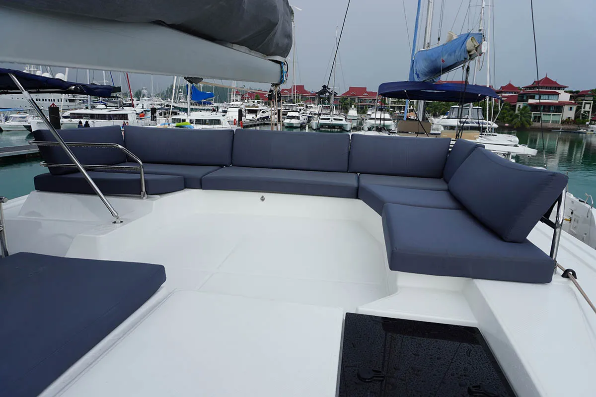 Deck of Positive Energy, a Fountaine Pajot Tanna 47 catamaran at Roche Caiman, Seychelles