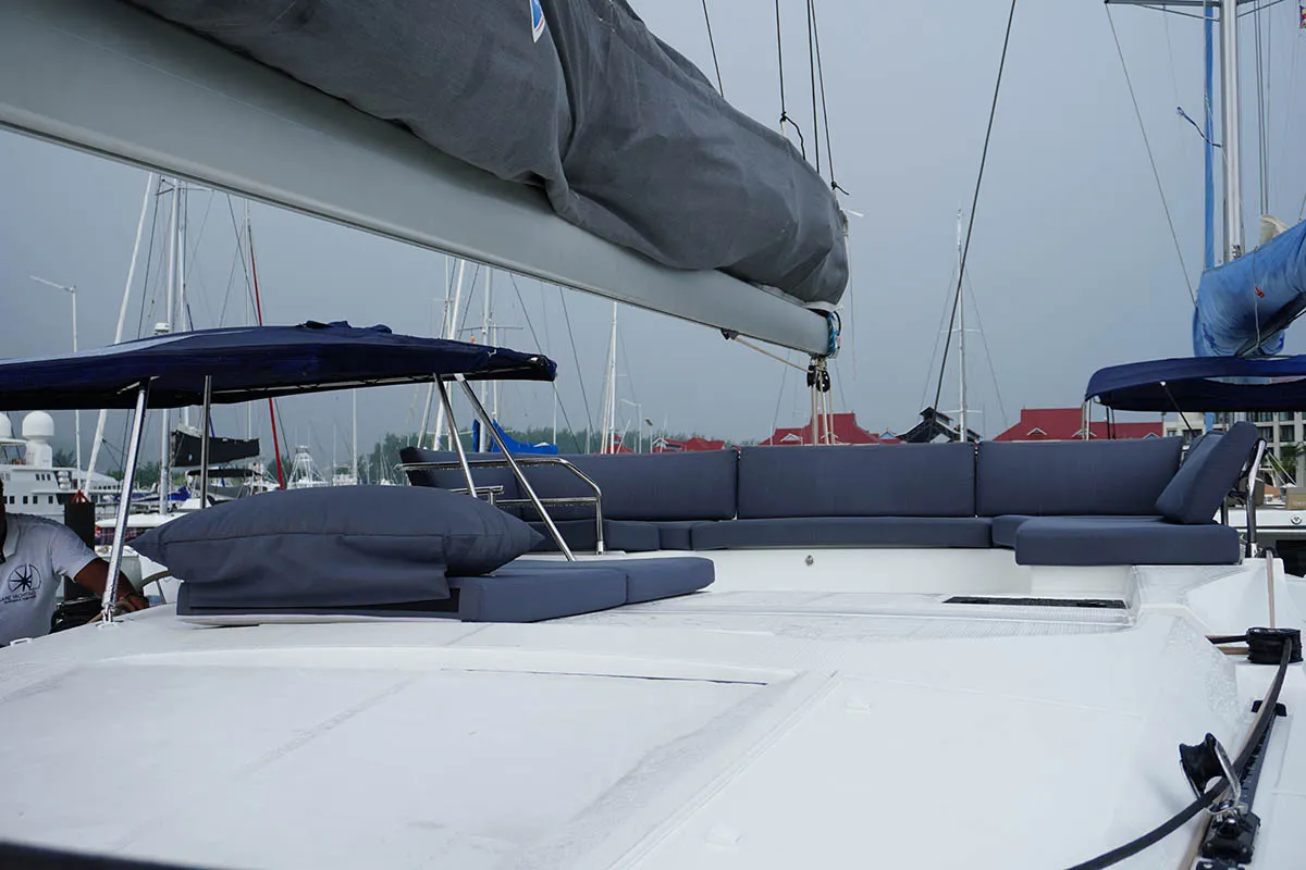 Deck of Positive Energy, a Fountaine Pajot Tanna 47 catamaran at Roche Caiman, Seychelles
