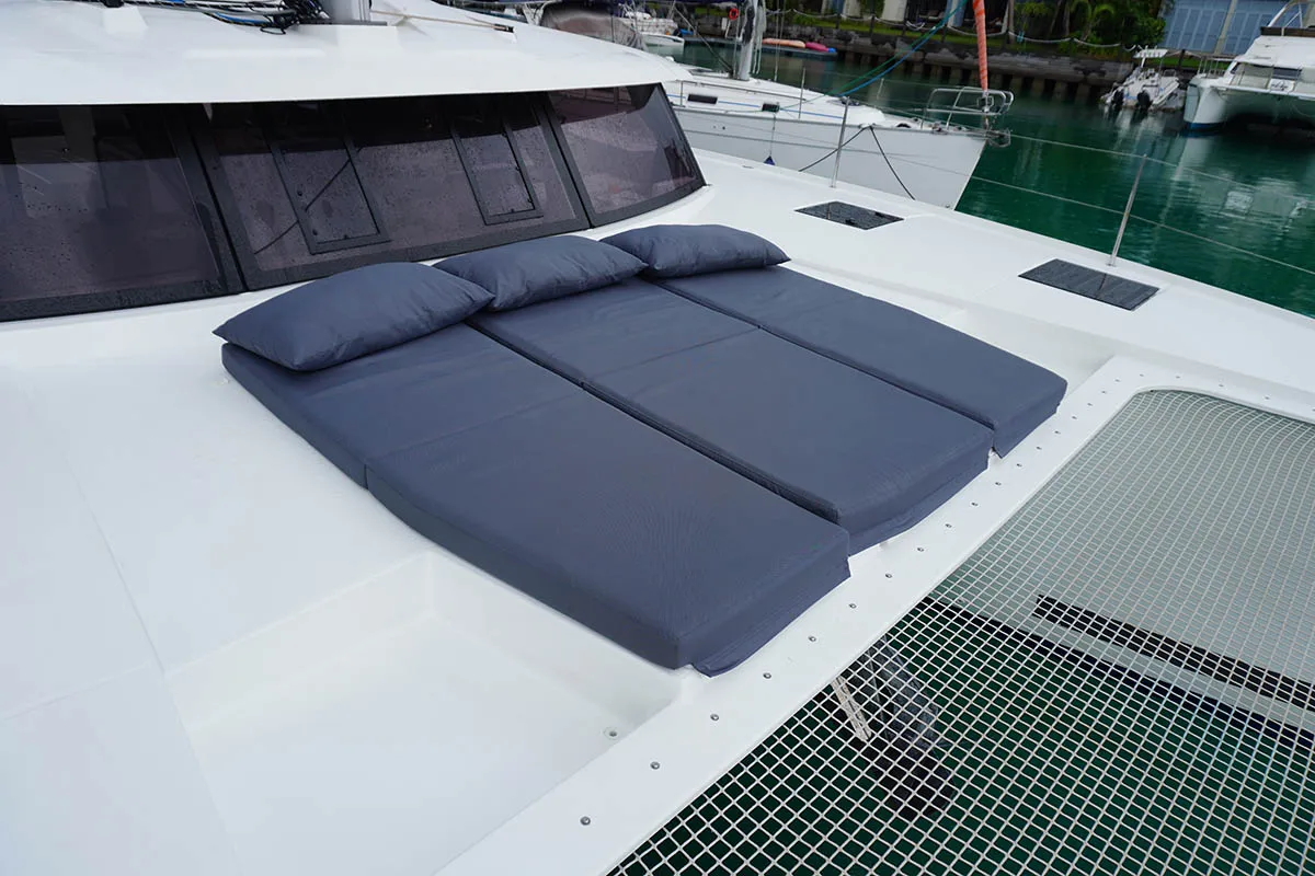 Deck of Positive Energy, a Fountaine Pajot Tanna 47 catamaran at Roche Caiman, Seychelles