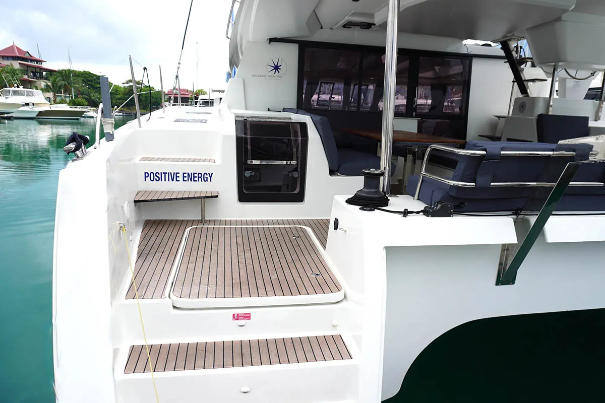 Deck of Positive Energy, a Fountaine Pajot Tanna 47 catamaran at Roche Caiman, Seychelles