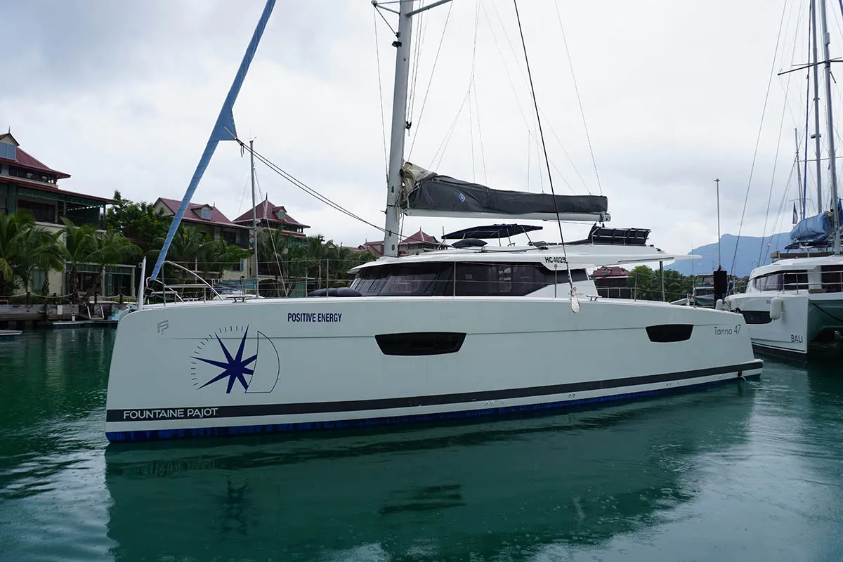 Exterior view of Positive Energy, a Fountaine Pajot Tanna 47 catamaran at Roche Caiman, Seychelles