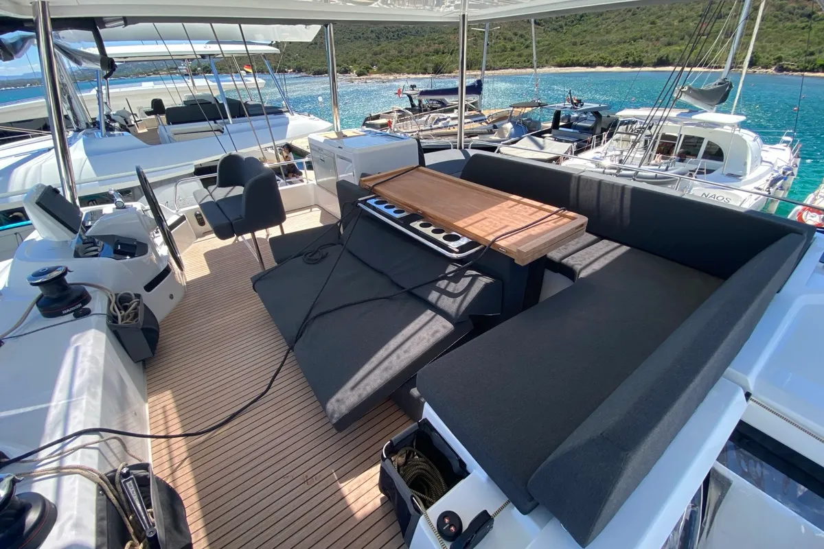 Cockpit of The Moon, a Lagoon 55 catamaran at Olbia, Italy