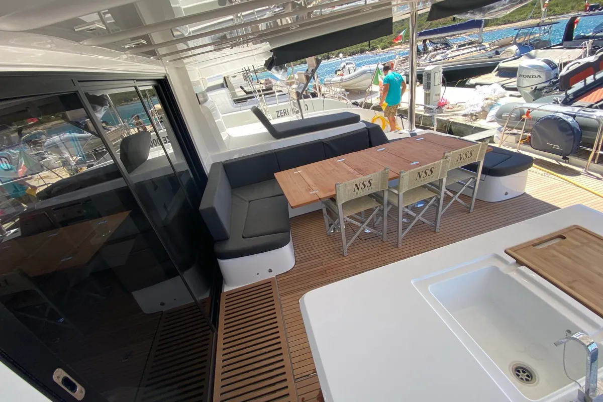 Deck of The Moon, a Lagoon 55 catamaran at Olbia, Italy