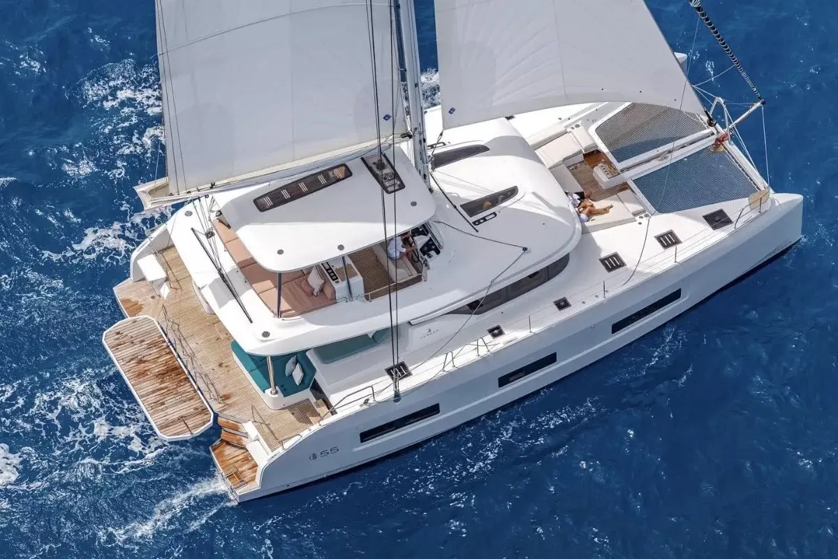Exterior view of The Moon, a Lagoon 55 catamaran at Olbia, Italy