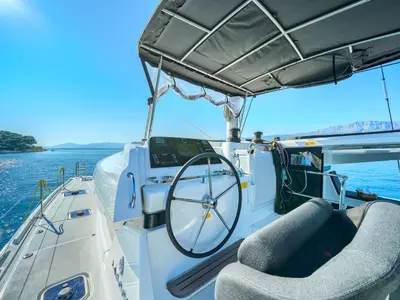 Cockpit of Brattia, a Lagoon 42 catamaran at Kaštela, Croatia