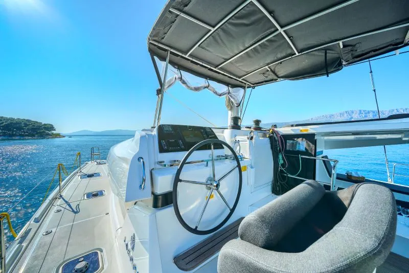 Cockpit of Brattia, a Lagoon 42 catamaran at Kaštela, Croatia