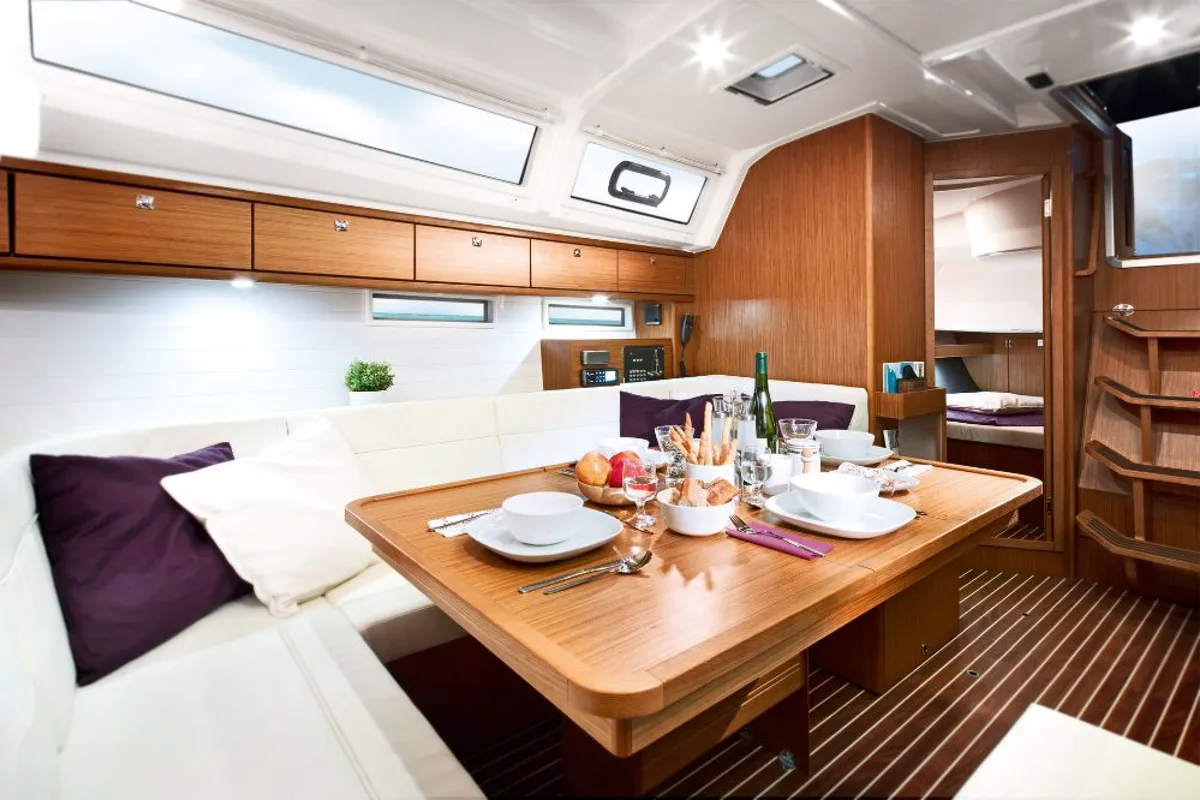 Salon of Iris 1, a Bavaria Cruiser 46 sailboat at Bodrum, Turkey