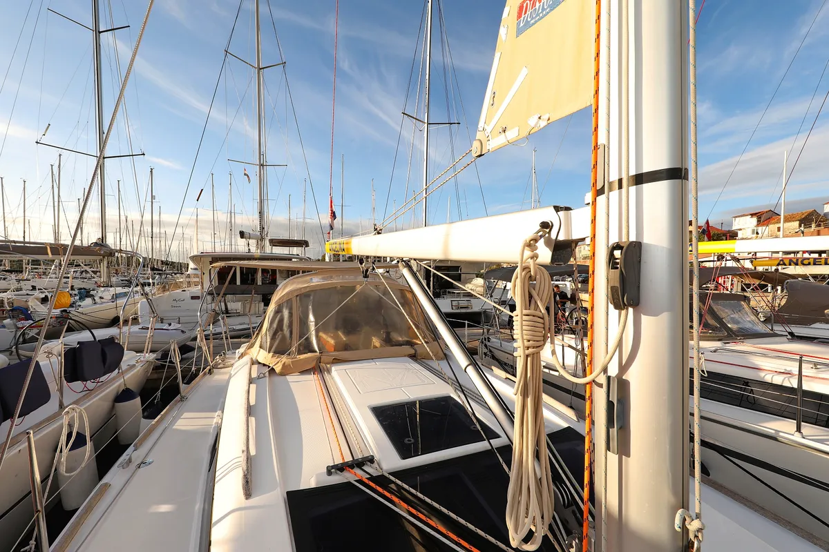 Deck of Papillon, a Dufour 350 GL sailboat at Grad Biograd na Moru, Croatia
