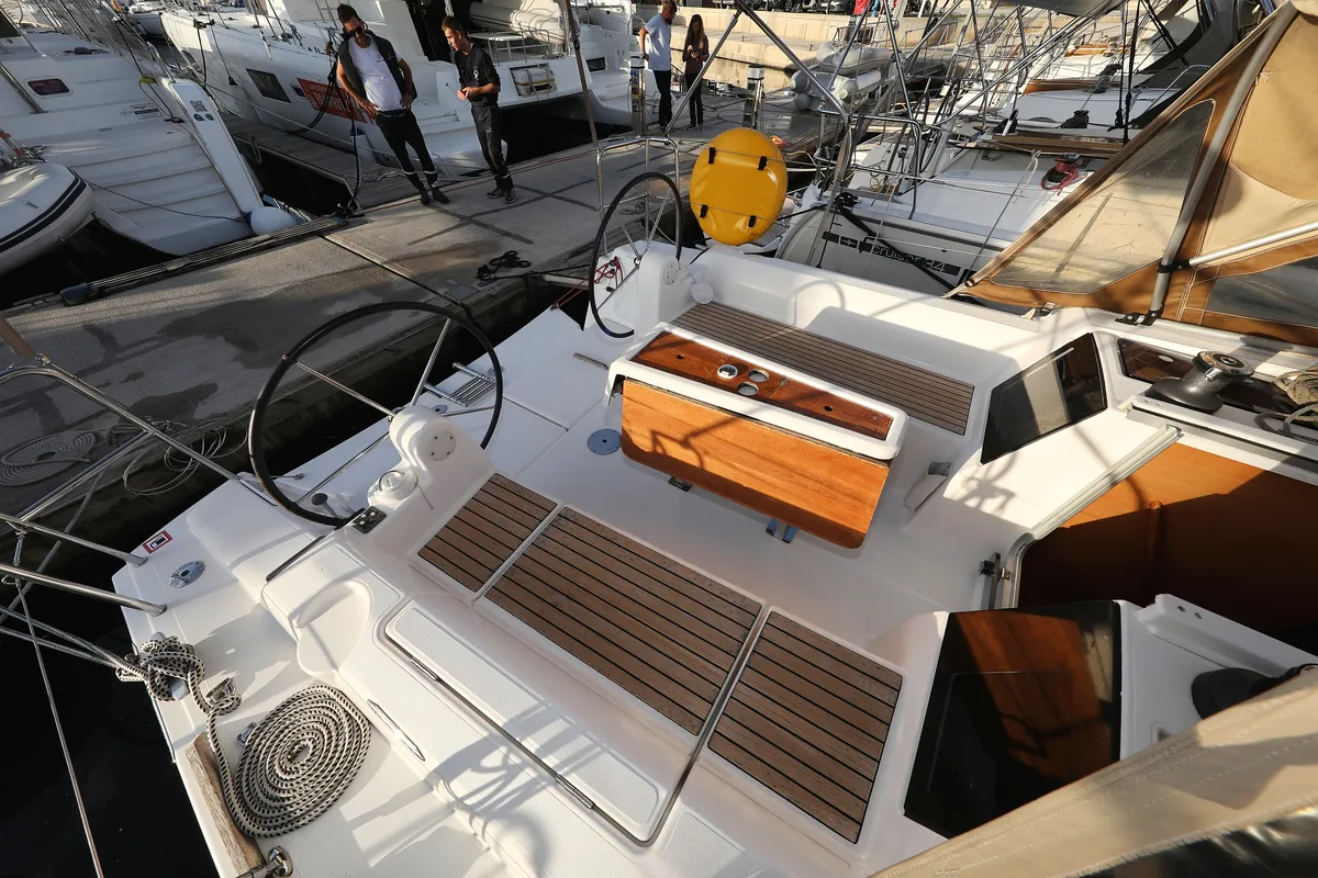 Deck of Papillon, a Dufour 350 GL sailboat at Grad Biograd na Moru, Croatia