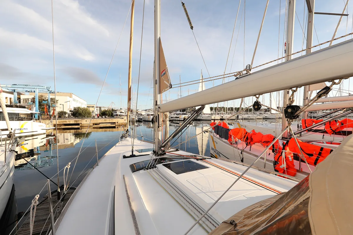 Deck of Papillon, a Dufour 350 GL sailboat at Grad Biograd na Moru, Croatia