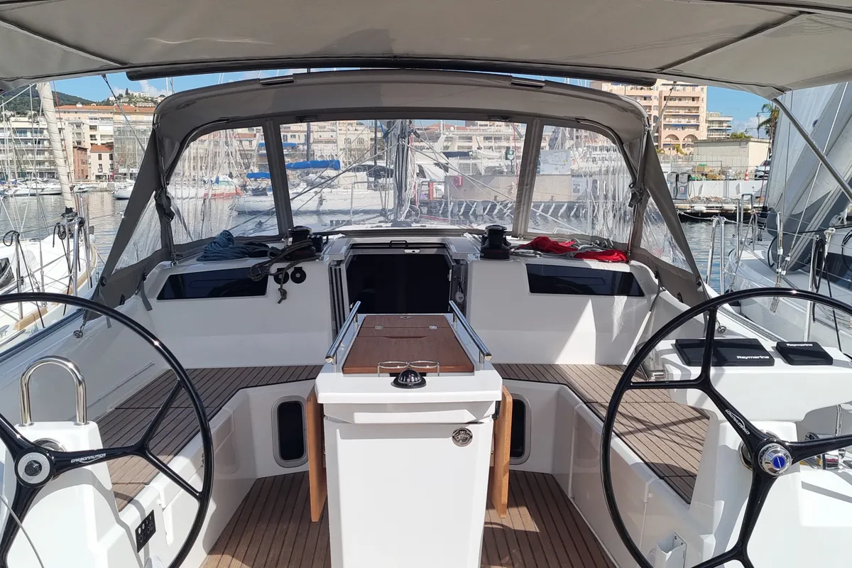 Cockpit of Kapakap, a Beneteau Oceanis 40.1 sailboat at Vallauris, France