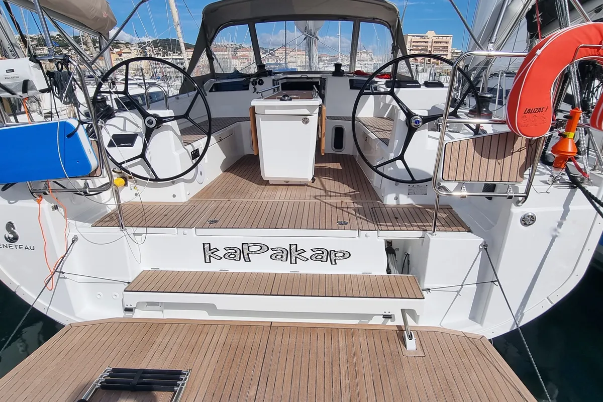 Cockpit of Kapakap, a Beneteau Oceanis 40.1 sailboat at Vallauris, France