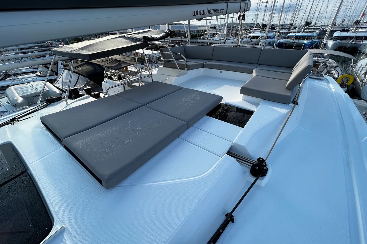 Deck of Andy, a Fountaine Pajot Tanna 47 catamaran at Sukošan, Croatia