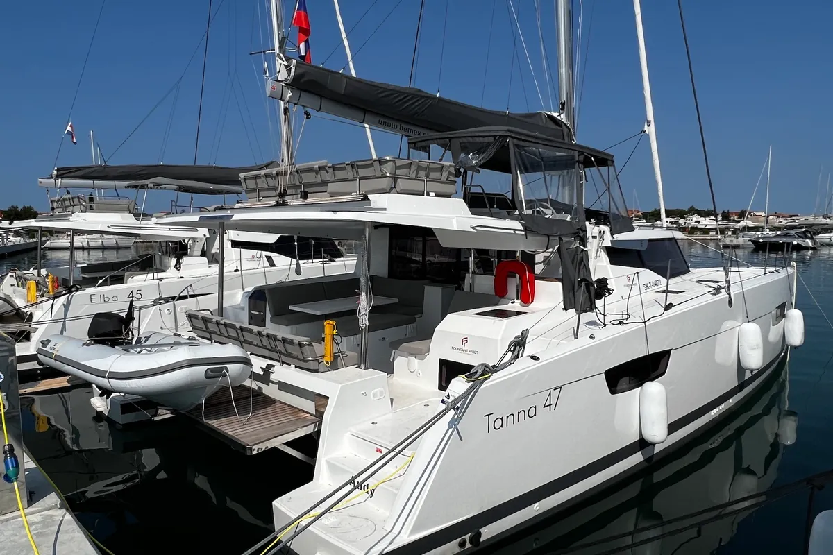 Exterior view of Andy, a Fountaine Pajot Tanna 47 catamaran at Sukošan, Croatia