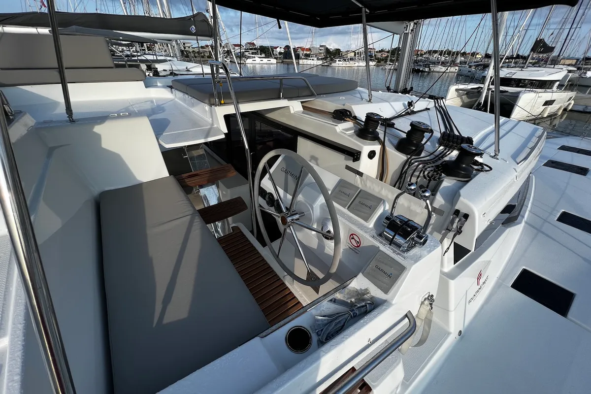 Cockpit of Andy, a Fountaine Pajot Tanna 47 catamaran at Sukošan, Croatia