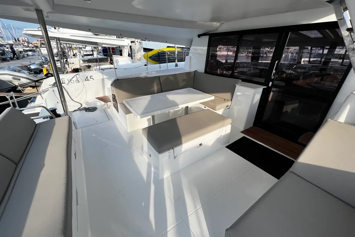 Deck of Andy, a Fountaine Pajot Tanna 47 catamaran at Sukošan, Croatia