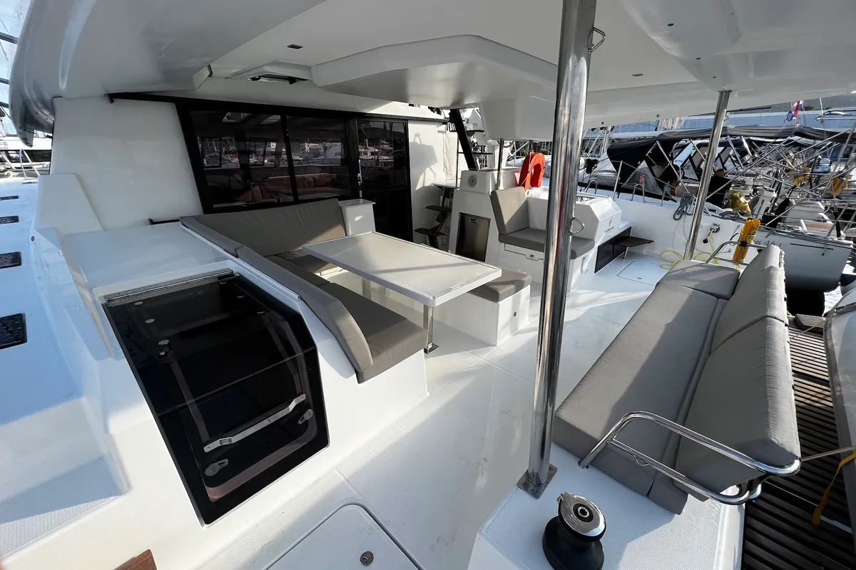 Deck of Andy, a Fountaine Pajot Tanna 47 catamaran at Sukošan, Croatia