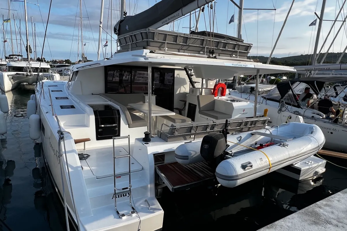 Exterior view of Andy, a Fountaine Pajot Tanna 47 catamaran at Sukošan, Croatia