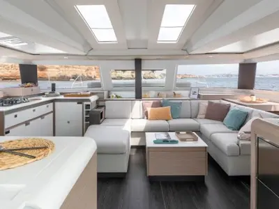 Salon of Fiyolo, a Fountaine Pajot Elba 45 catamaran at Charlotte Amalie, United States