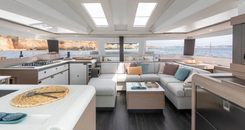 Salon of Fiyolo, a Fountaine Pajot Elba 45 catamaran at Charlotte Amalie, United States