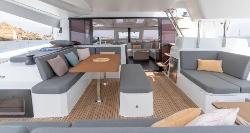 Deck of Fiyolo, a Fountaine Pajot Elba 45 catamaran at Charlotte Amalie, United States