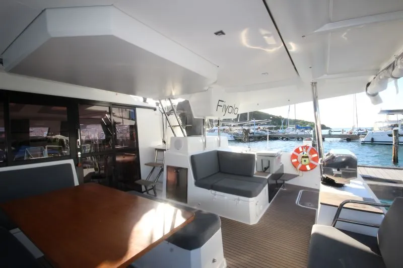 Deck of Fiyolo, a Fountaine Pajot Elba 45 catamaran at Charlotte Amalie, United States
