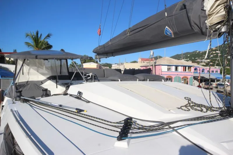 Deck of Fiyolo, a Fountaine Pajot Elba 45 catamaran at Charlotte Amalie, United States