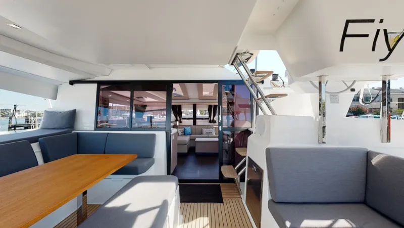 Deck of Fiyolo, a Fountaine Pajot Elba 45 catamaran at Charlotte Amalie, United States