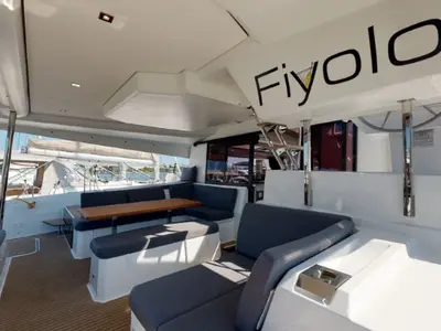 Deck of Fiyolo, a Fountaine Pajot Elba 45 catamaran at Charlotte Amalie, United States