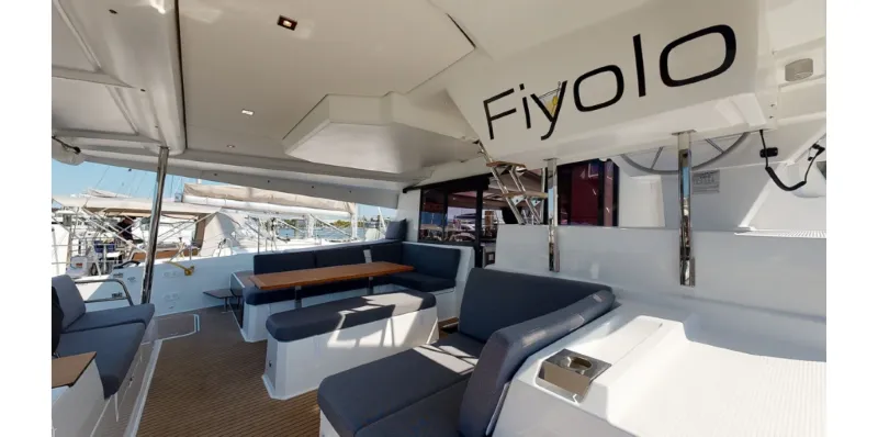 Deck of Fiyolo, a Fountaine Pajot Elba 45 catamaran at Charlotte Amalie, United States