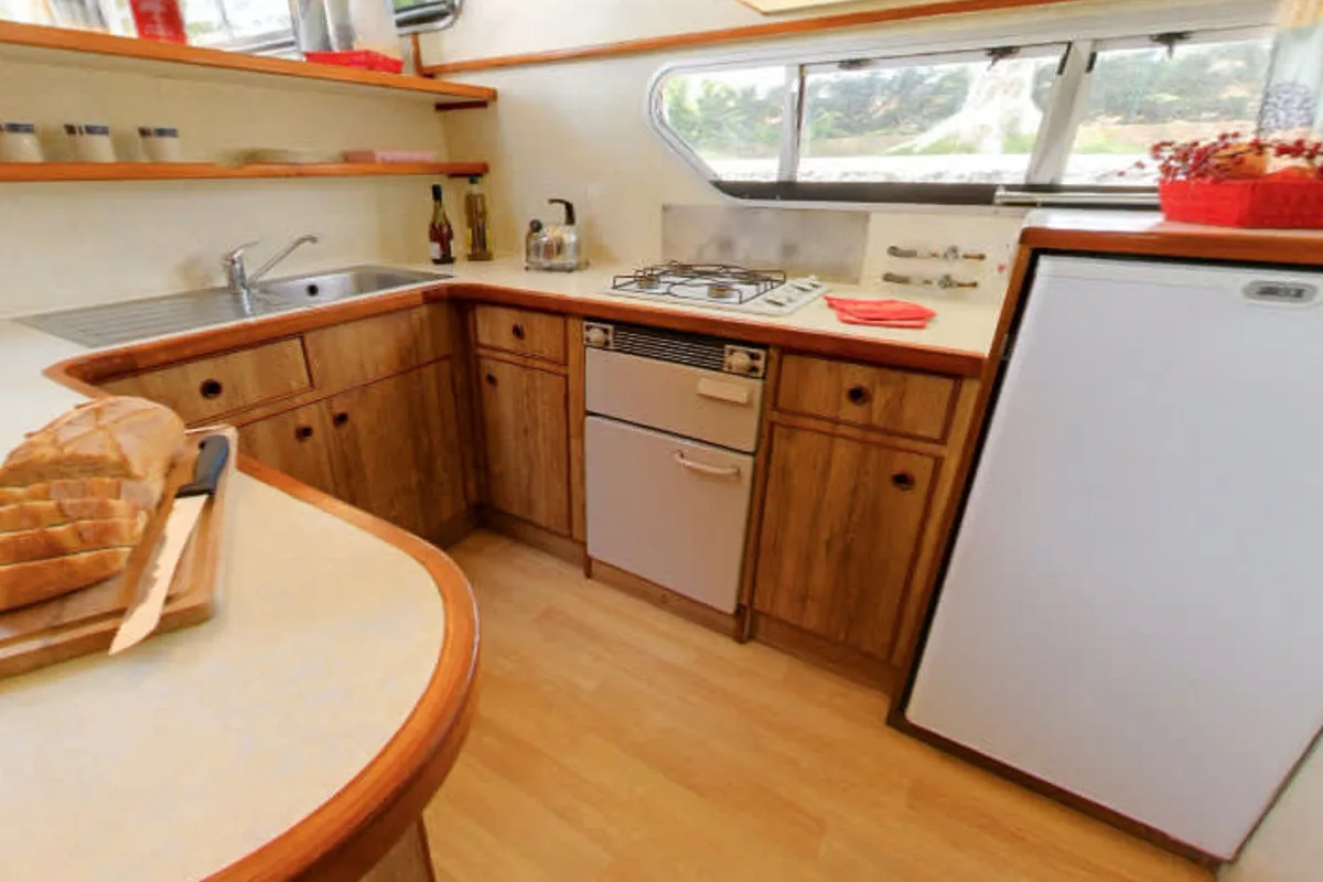 Galley of Classique, a Gulet Classique motorboat at Vinkeveen, Netherlands