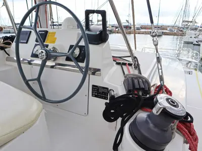 Cockpit of MEMORIES, a Bali 4.1 catamaran at Parikia, Greece
