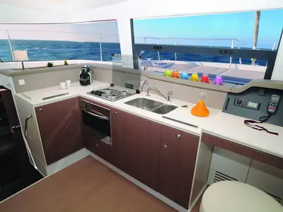 Galley of Iris, a Bali 4.1 catamaran at Volos, Greece