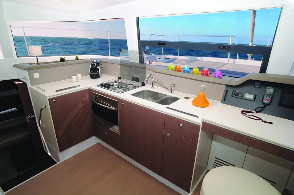 Galley of Iris, a Bali 4.1 catamaran at Volos, Greece
