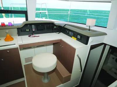 Cockpit of Iris, a Bali 4.1 catamaran at Volos, Greece