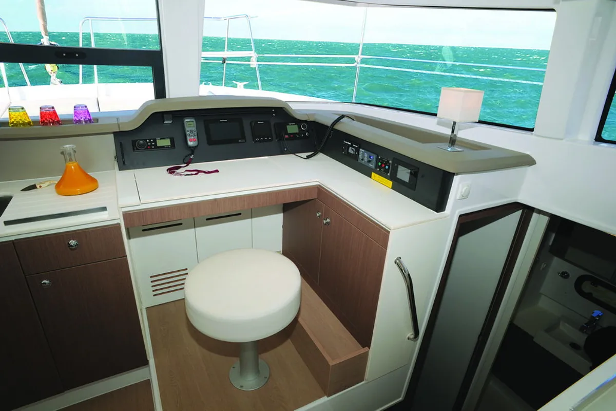 Cockpit of Iris, a Bali 4.1 catamaran at Volos, Greece