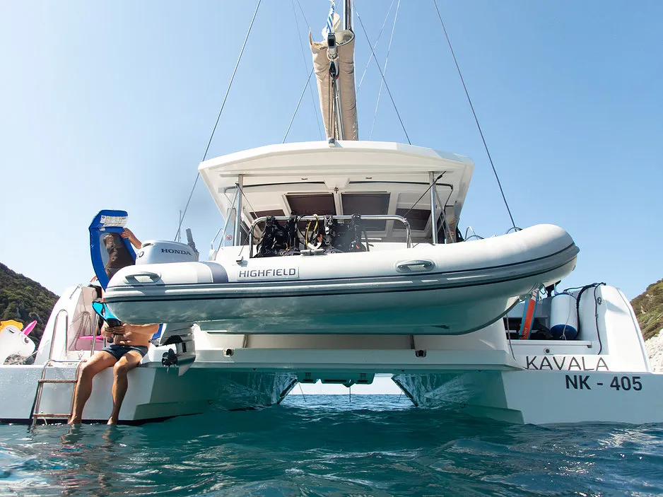 Exterior view of Iris, a Bali 4.1 catamaran at Volos, Greece