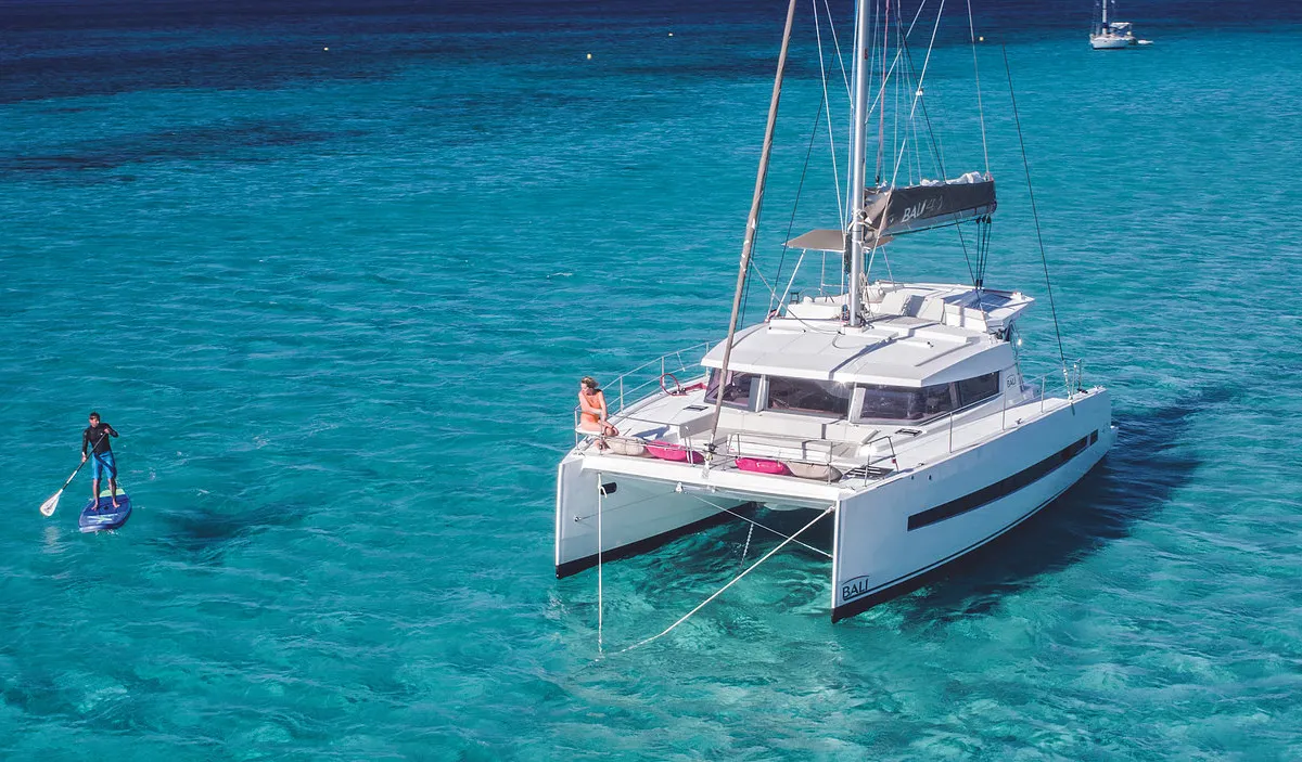 Exterior view of Iris, a Bali 4.1 catamaran at Volos, Greece