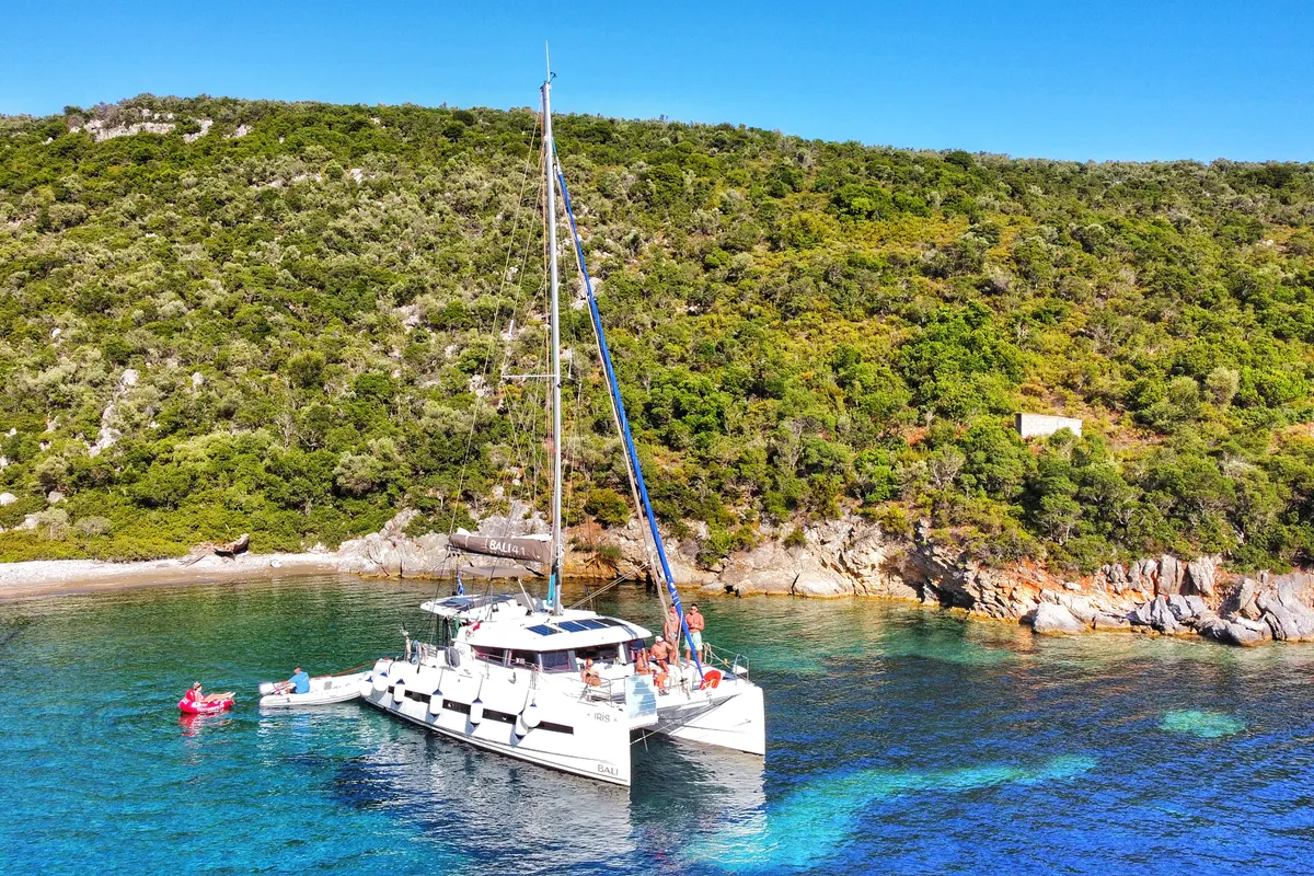 Exterior view of Iris, a Bali 4.1 catamaran at Volos, Greece