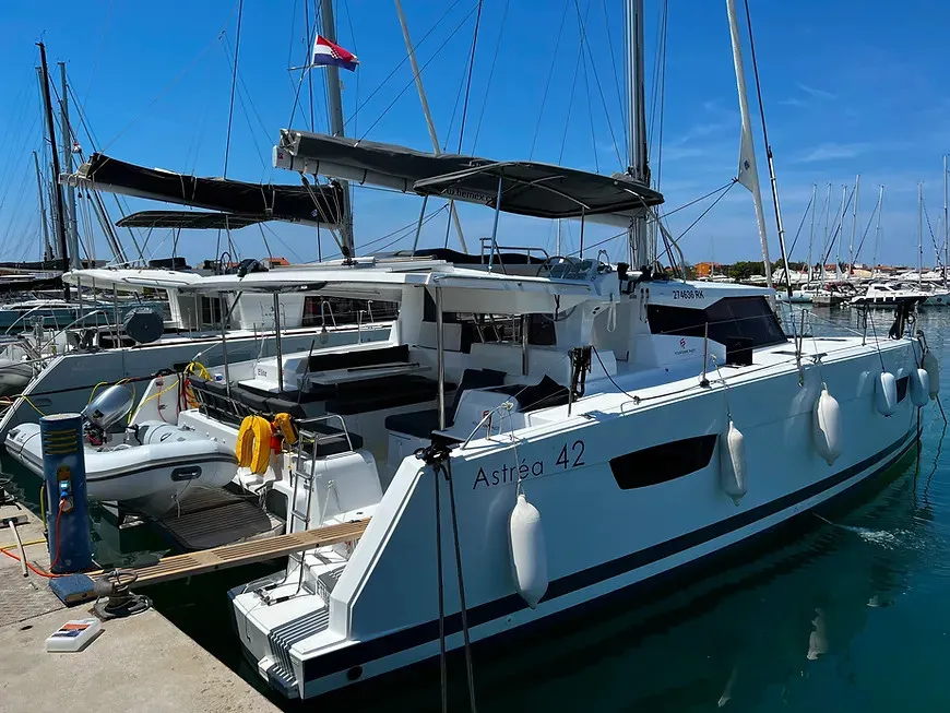 Exterior view of Jami, a Fountaine Pajot Astréa 42 catamaran at Pula, Croatia