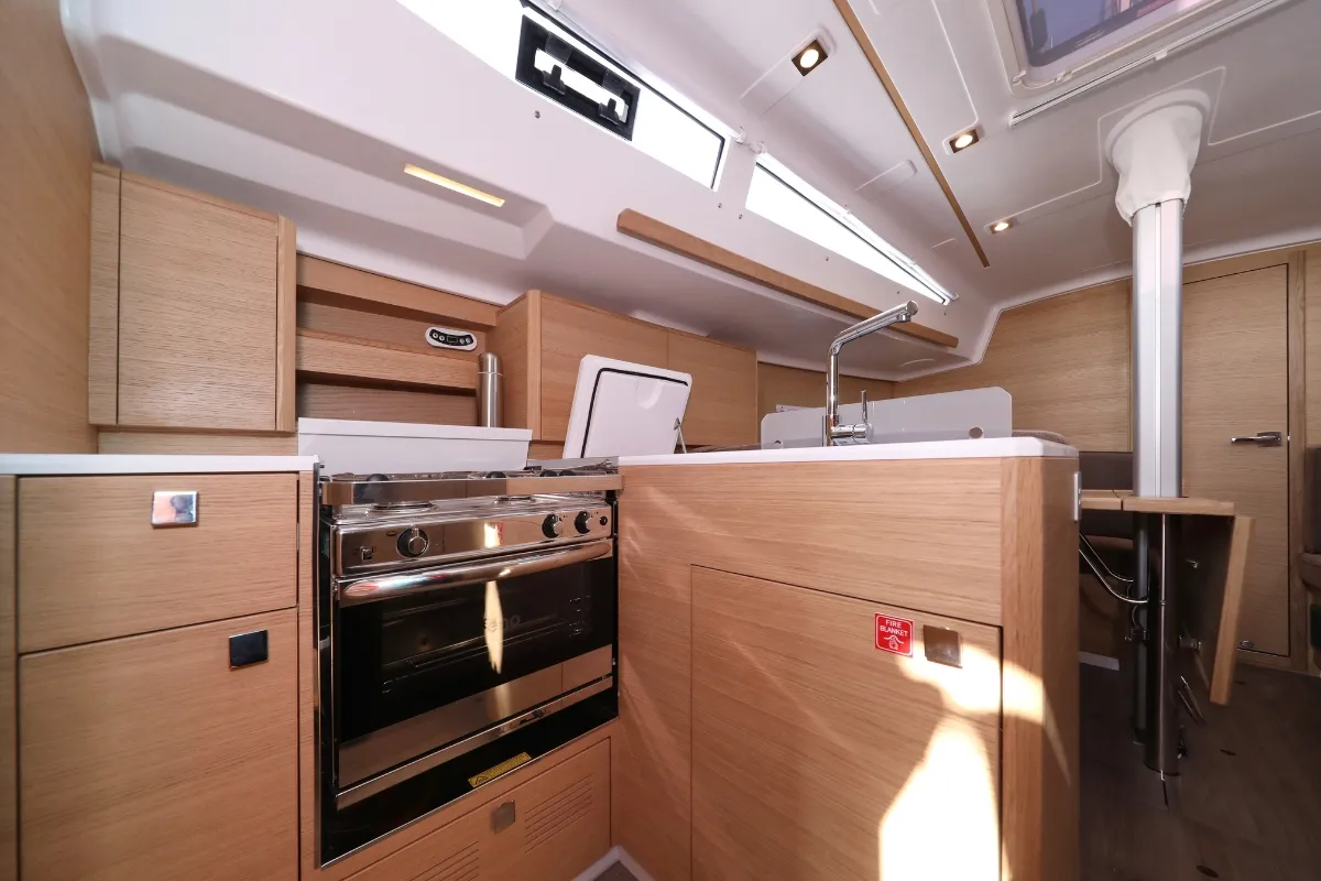 Galley of Twitter, a Elan E4 sailboat at Grad Biograd na Moru, Croatia