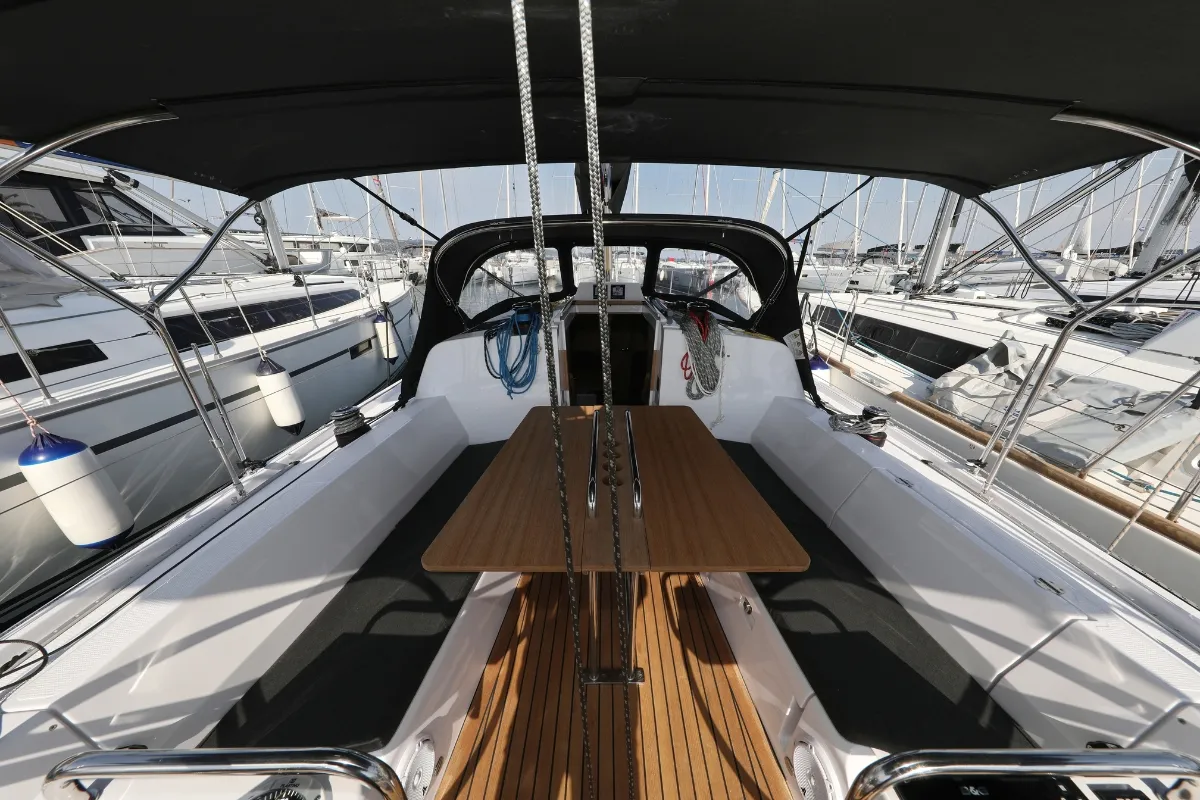 Deck of Twitter, a Elan E4 sailboat at Grad Biograd na Moru, Croatia