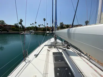 Deck of Rutilicus, a Bavaria Cruiser 51 sailboat at Rosignano Solvay, Italy
