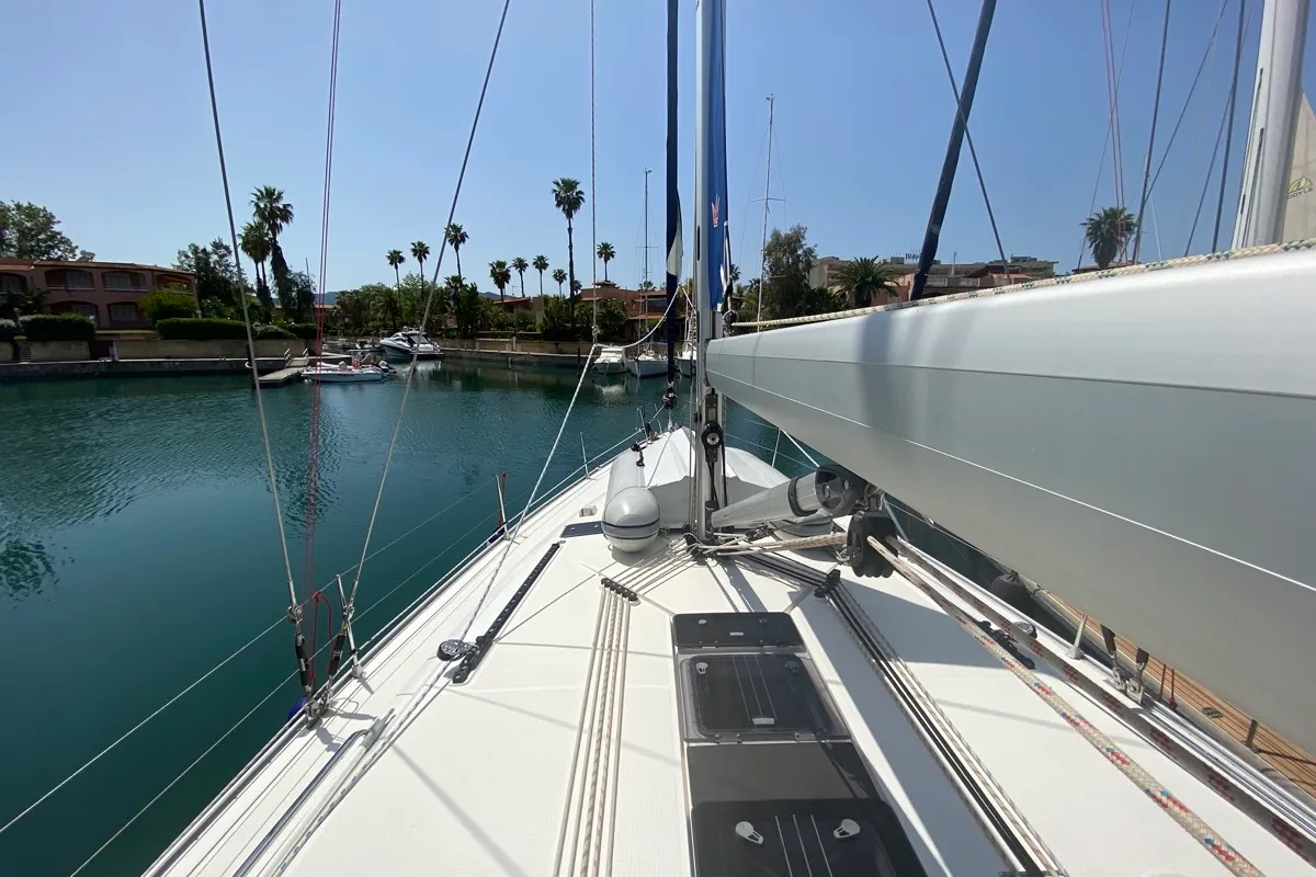 Deck of Rutilicus, a Bavaria Cruiser 51 sailboat at Rosignano Solvay, Italy