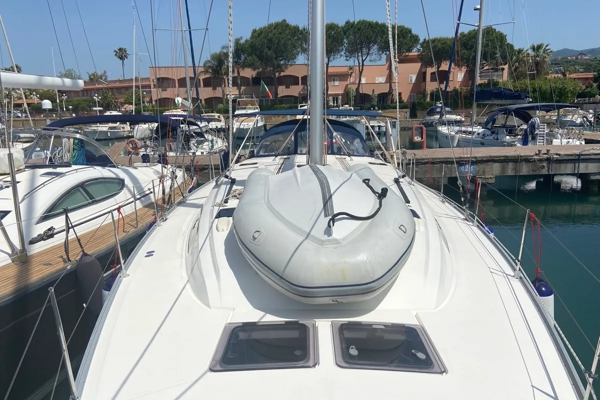 Exterior view of Rutilicus, a Bavaria Cruiser 51 sailboat at Rosignano Solvay, Italy