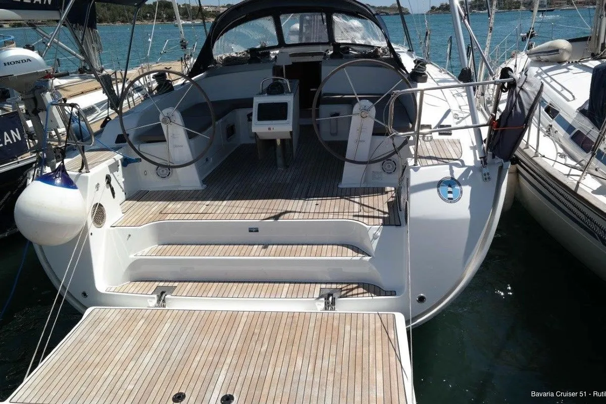 Cockpit of Rutilicus, a Bavaria Cruiser 51 sailboat at Rosignano Solvay, Italy