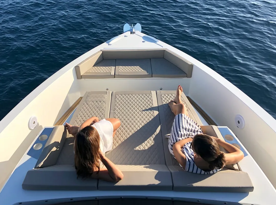 Deck of Eragon, a De Antonio D42 Open motor yacht at Seget Donji, Croatia