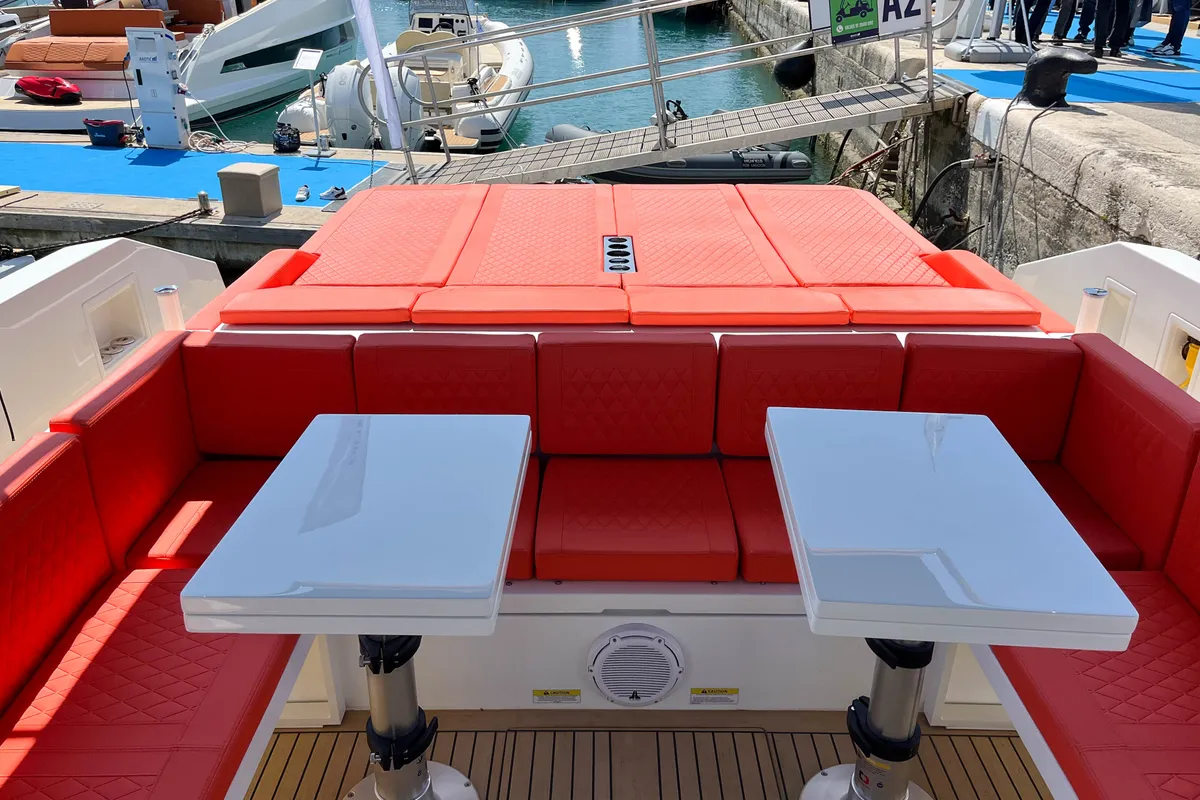 Deck of Eragon, a De Antonio D42 Open motor yacht at Seget Donji, Croatia