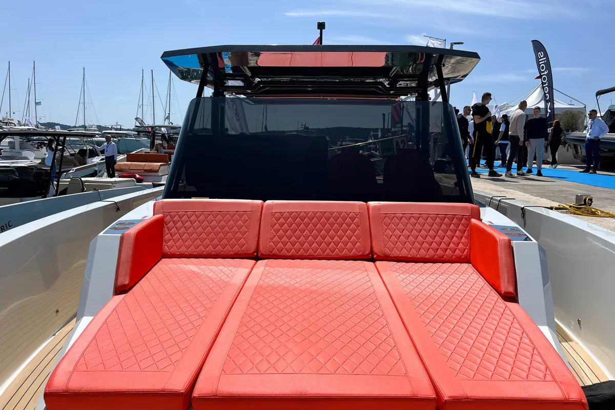 Deck of Eragon, a De Antonio D42 Open motor yacht at Seget Donji, Croatia