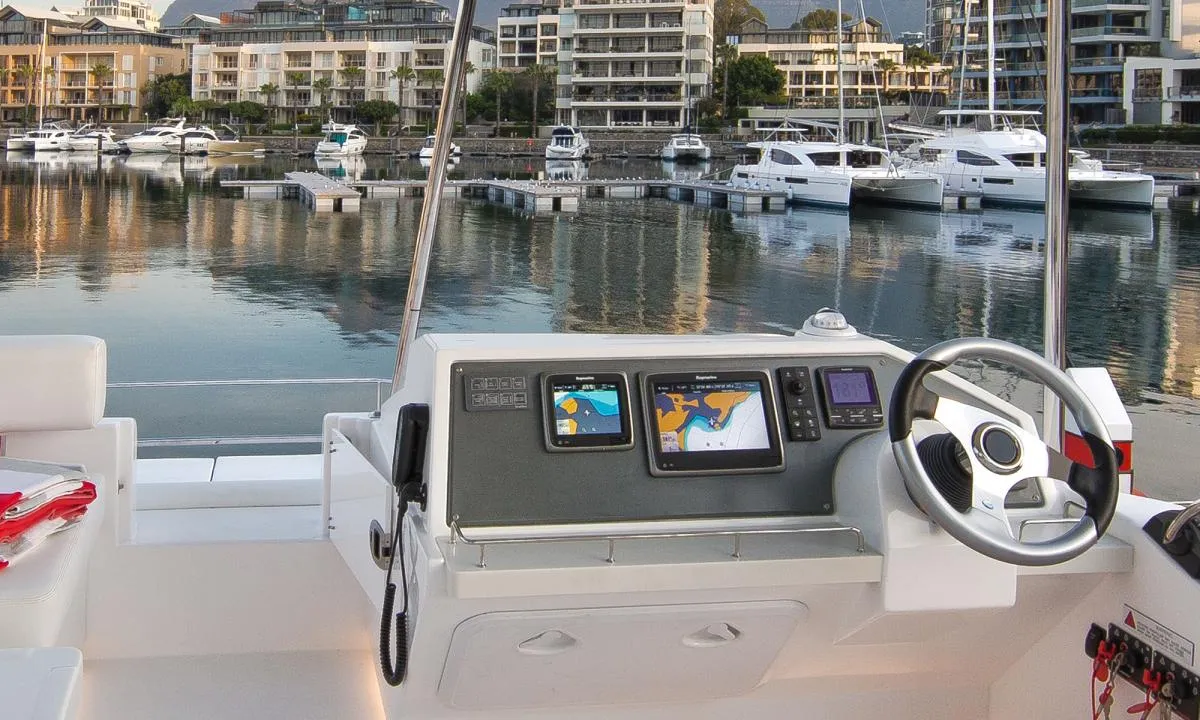 Cockpit of Moorings 433 PC Club, a Leopard 43 PC catamaran at Road Town, British Virgin Islands